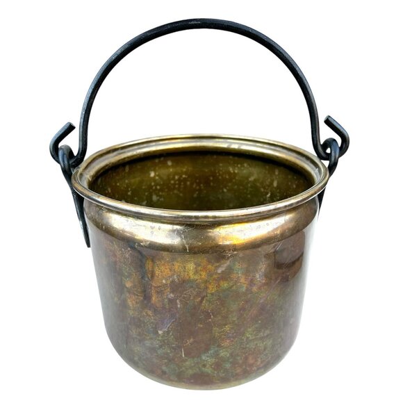 Brass Bucket Pot Planter Handmade Cast Iron Handle - Picture 2 of 13